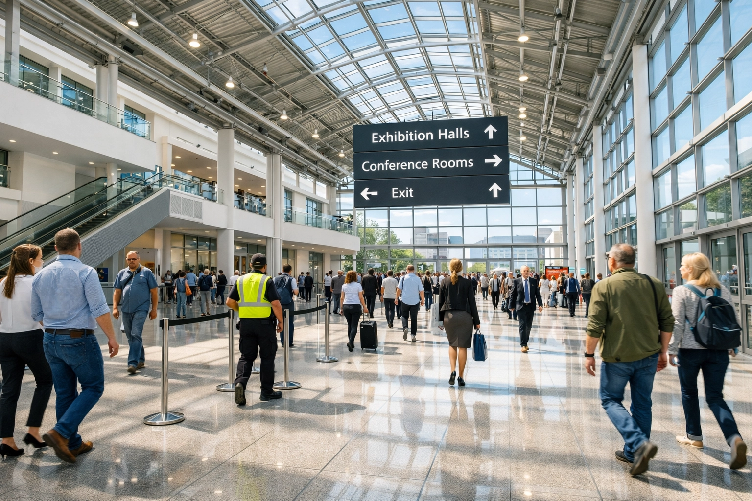 Large public venue concourse showing safe crowd flow and security management for Martyn’s Law tiers.
