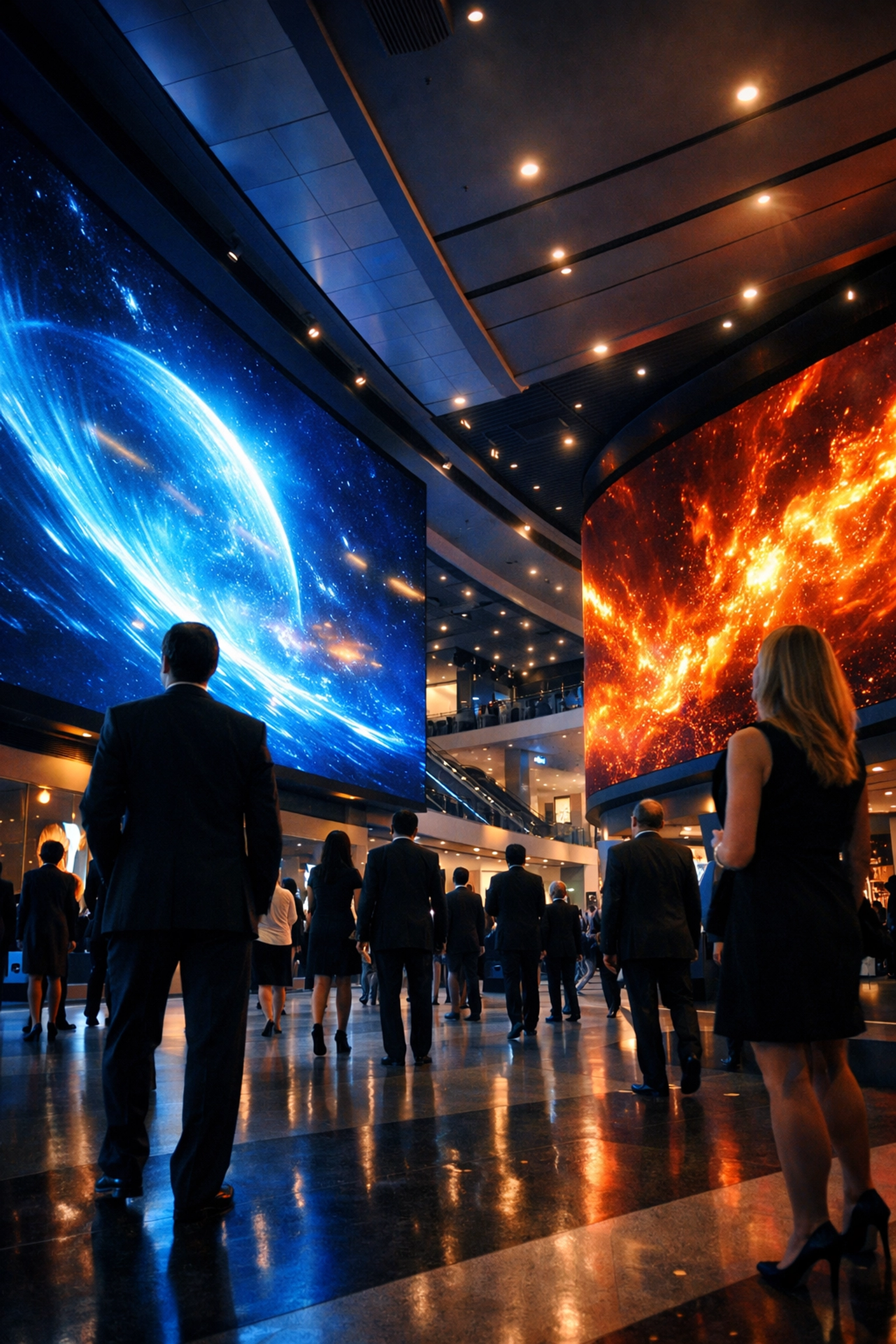 Grand stadium concourse featuring integrated digital display walls for venue media publishing solutions.