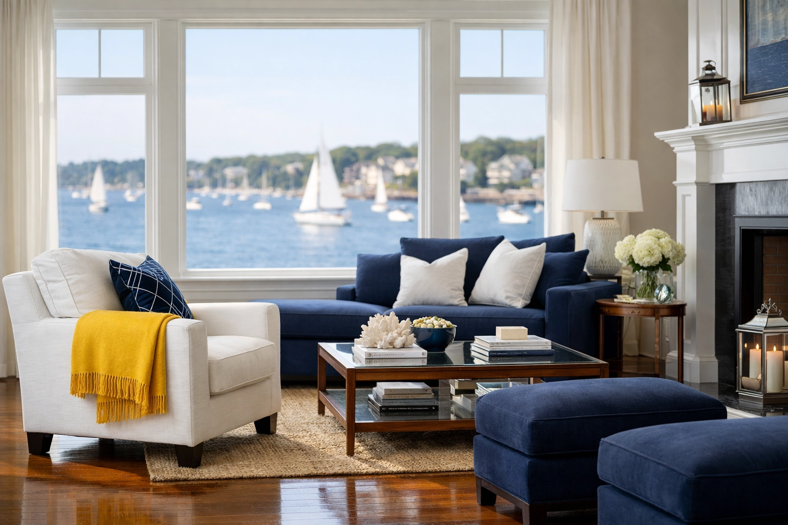 Immaculate coastal living room showing professional Marblehead House Cleaning results with harbor views.