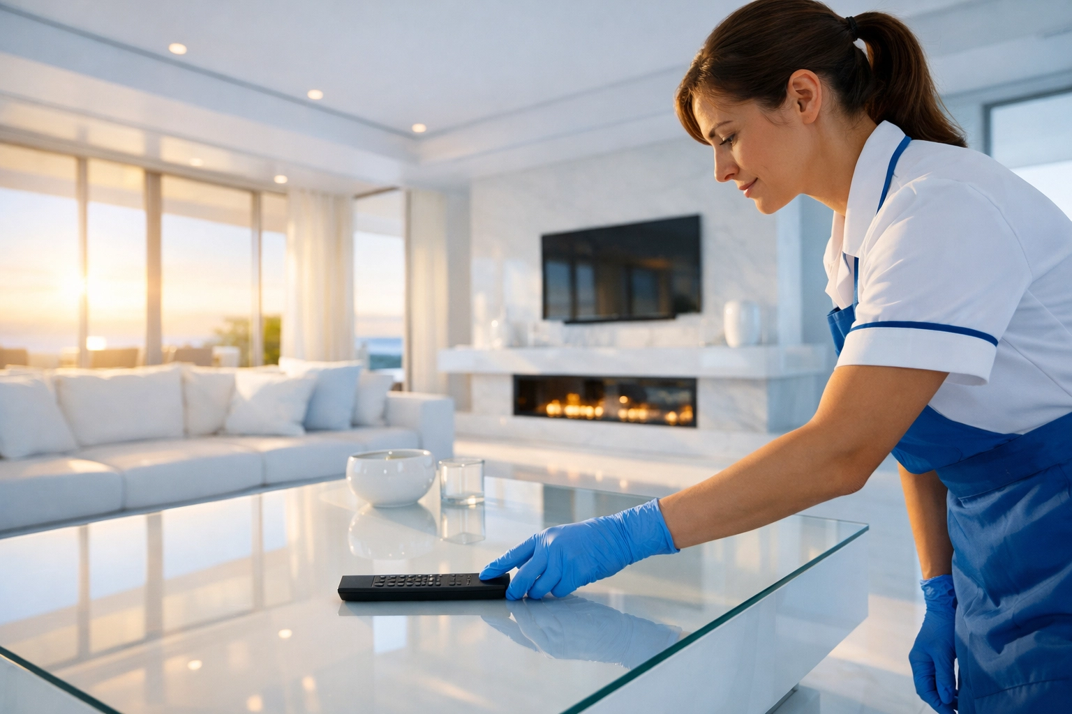 Professional cleaning service expert placing a remote in a pristine, modern living room.
