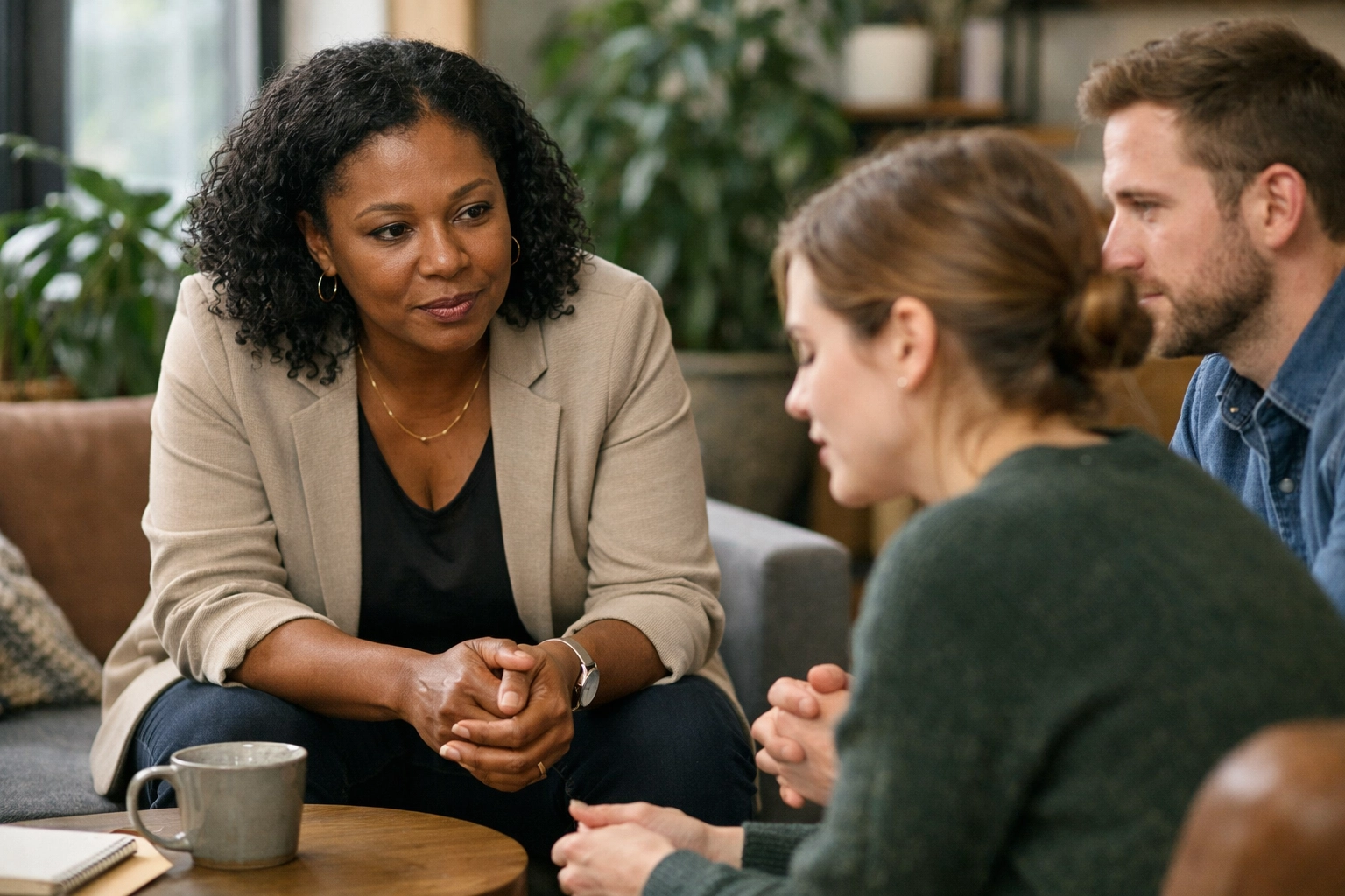 A diverse team discusses psychological safety and team morale following corporate layoffs.