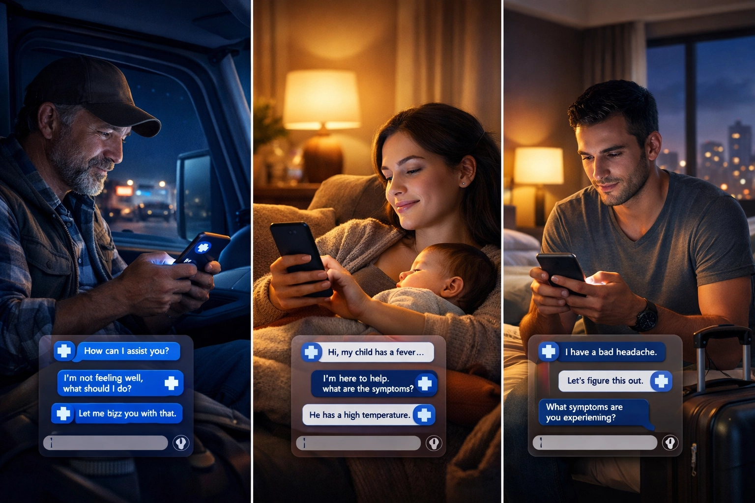 Truck driver, mother, and traveler using 24/7 online medical chat for instant care via secure messaging.
