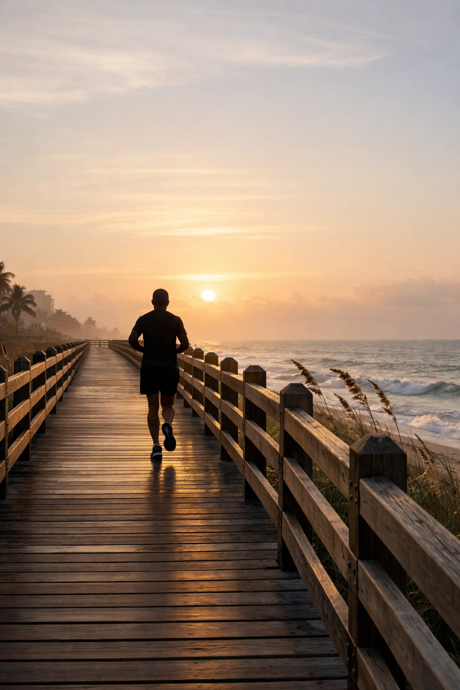 Morning jogger on the scenic Mid-Beach boardwalk at sunrise, highlighting the best Miami beaches.