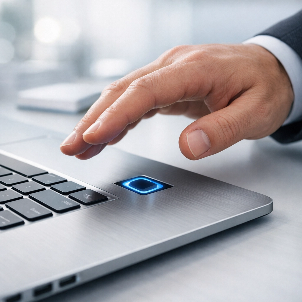A tax professional using a biometric security scanner on a laptop for secure client data protection.