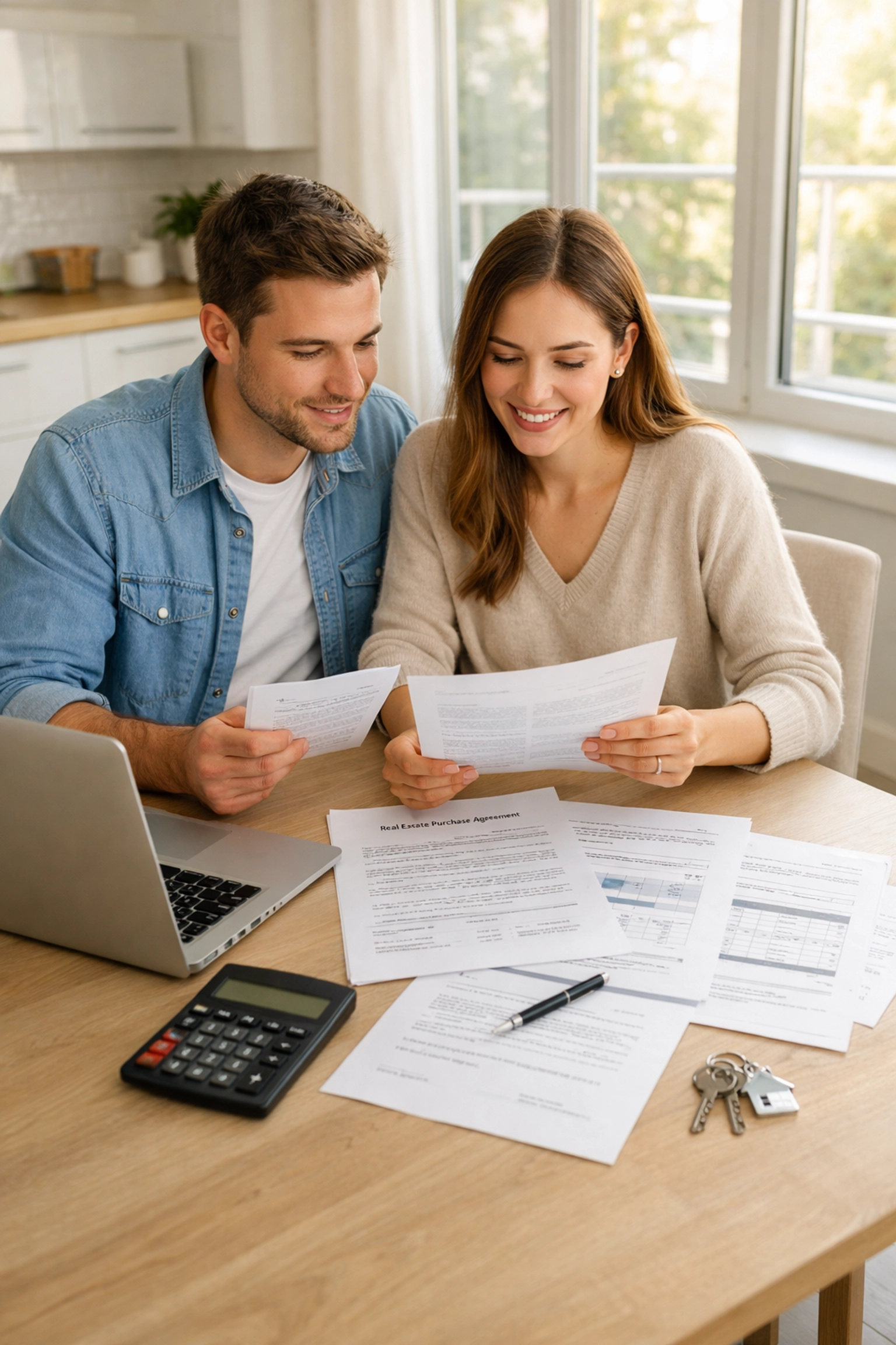 Couple reviewing mortgage documents and calculator planning home purchase with rate buydown strategy