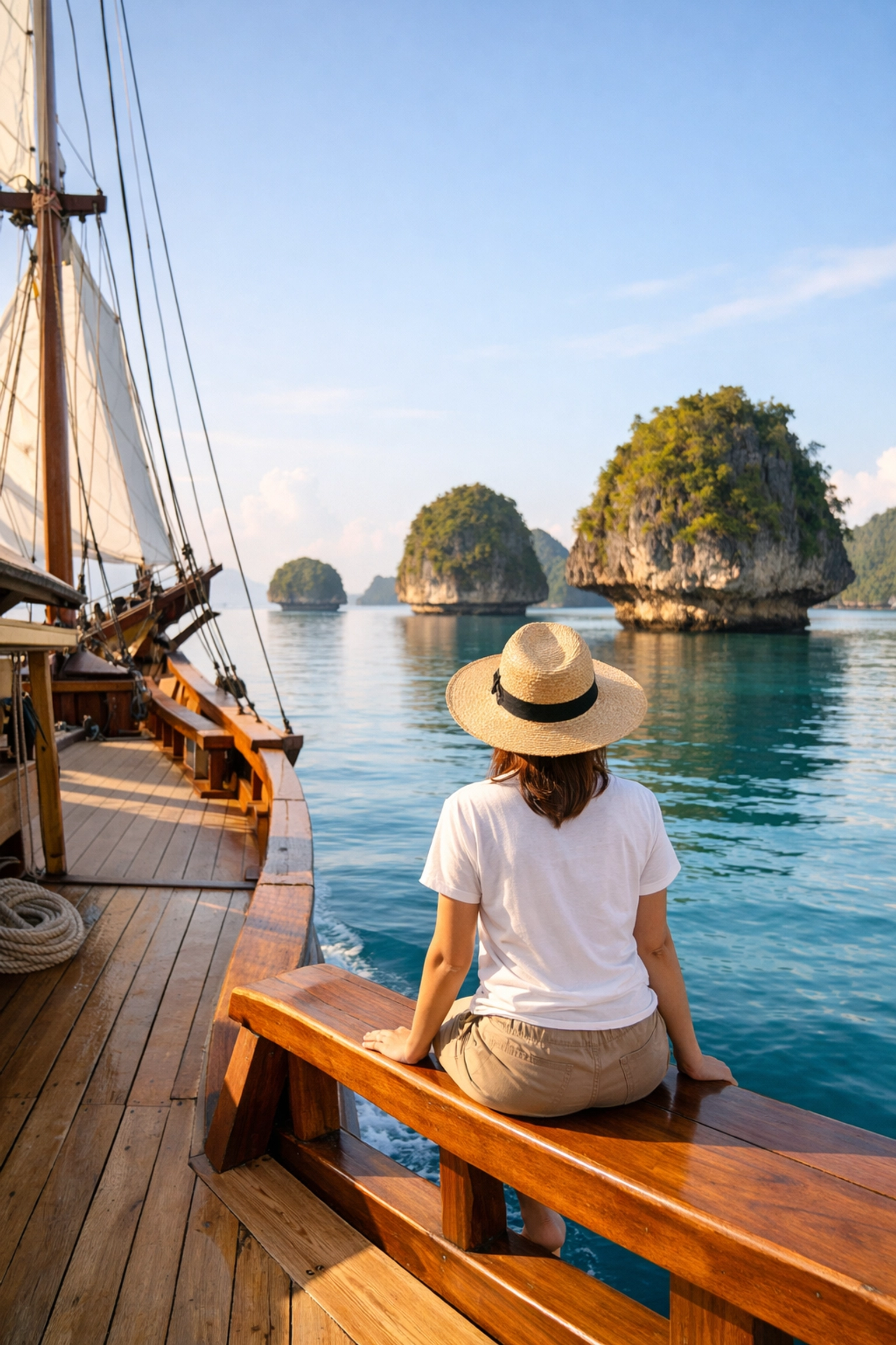 Traditional wooden phinisi boat sailing through the turquoise waters of Raja Ampat islands in Indonesia.