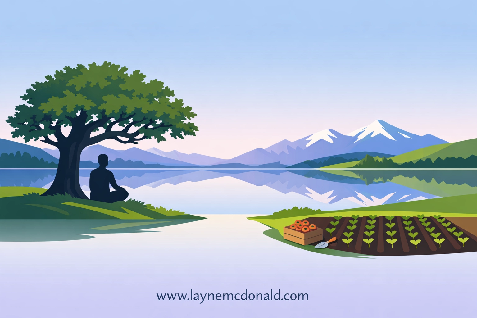 Peaceful landscape showing the balance between rest and fruitful work to foster leadership wellbeing.