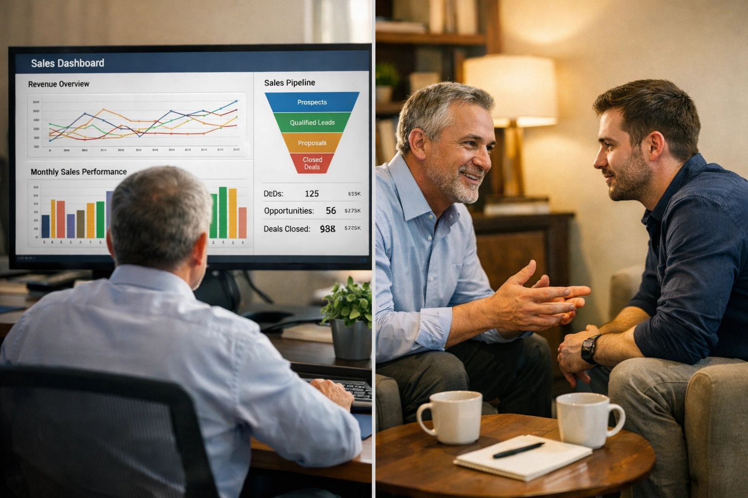 Sales manager reviewing performance metrics and coaching sales rep one-on-one