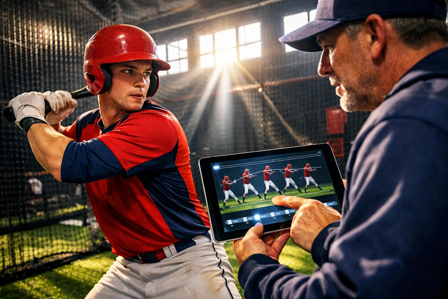 Youth baseball player and coach reviewing swing mechanics with video analysis at an Orlando sports academy.