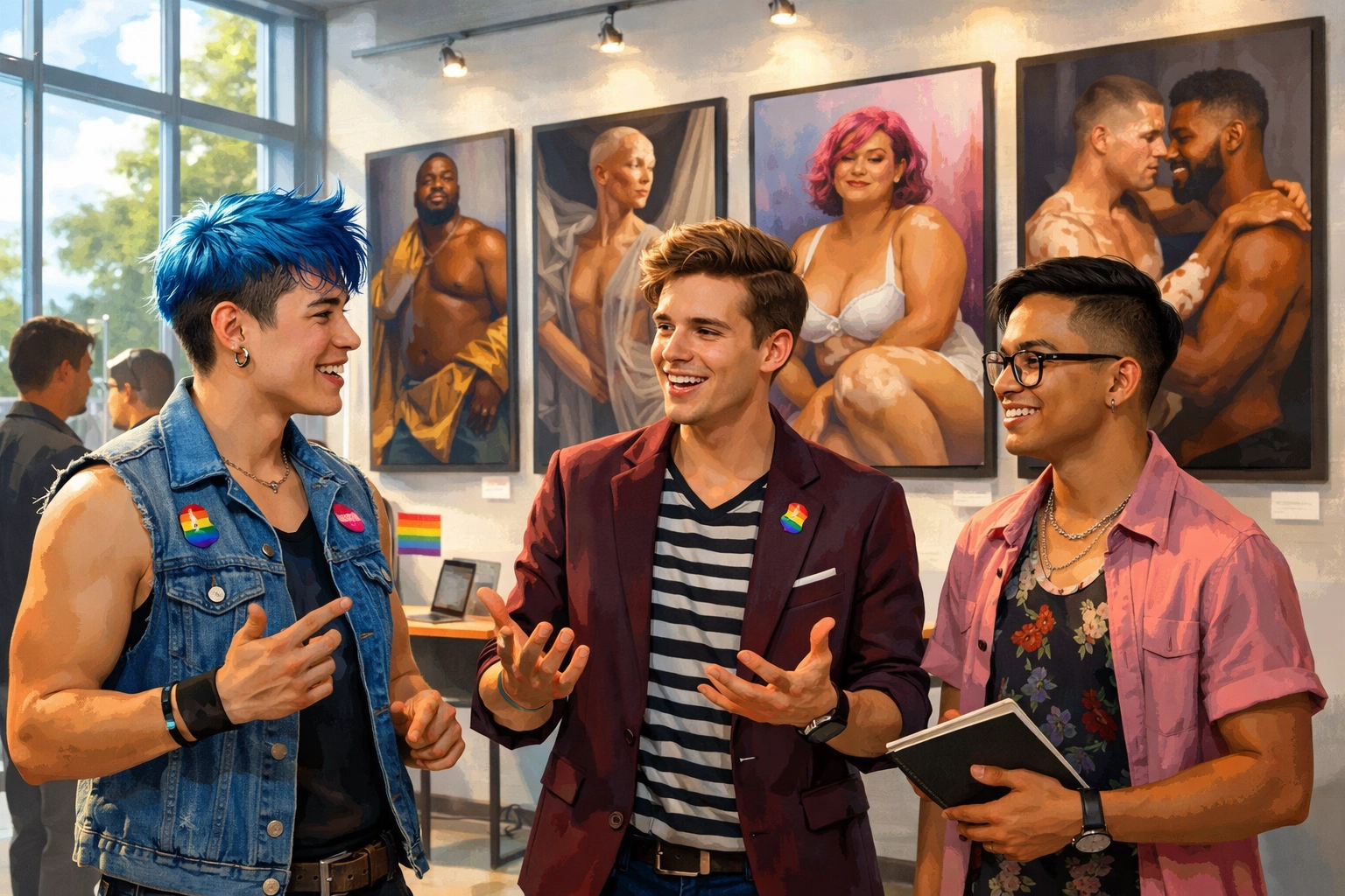 Diverse LGBTQ+ students discuss photography of queer bodies at a bright university art exhibition celebrating identity.