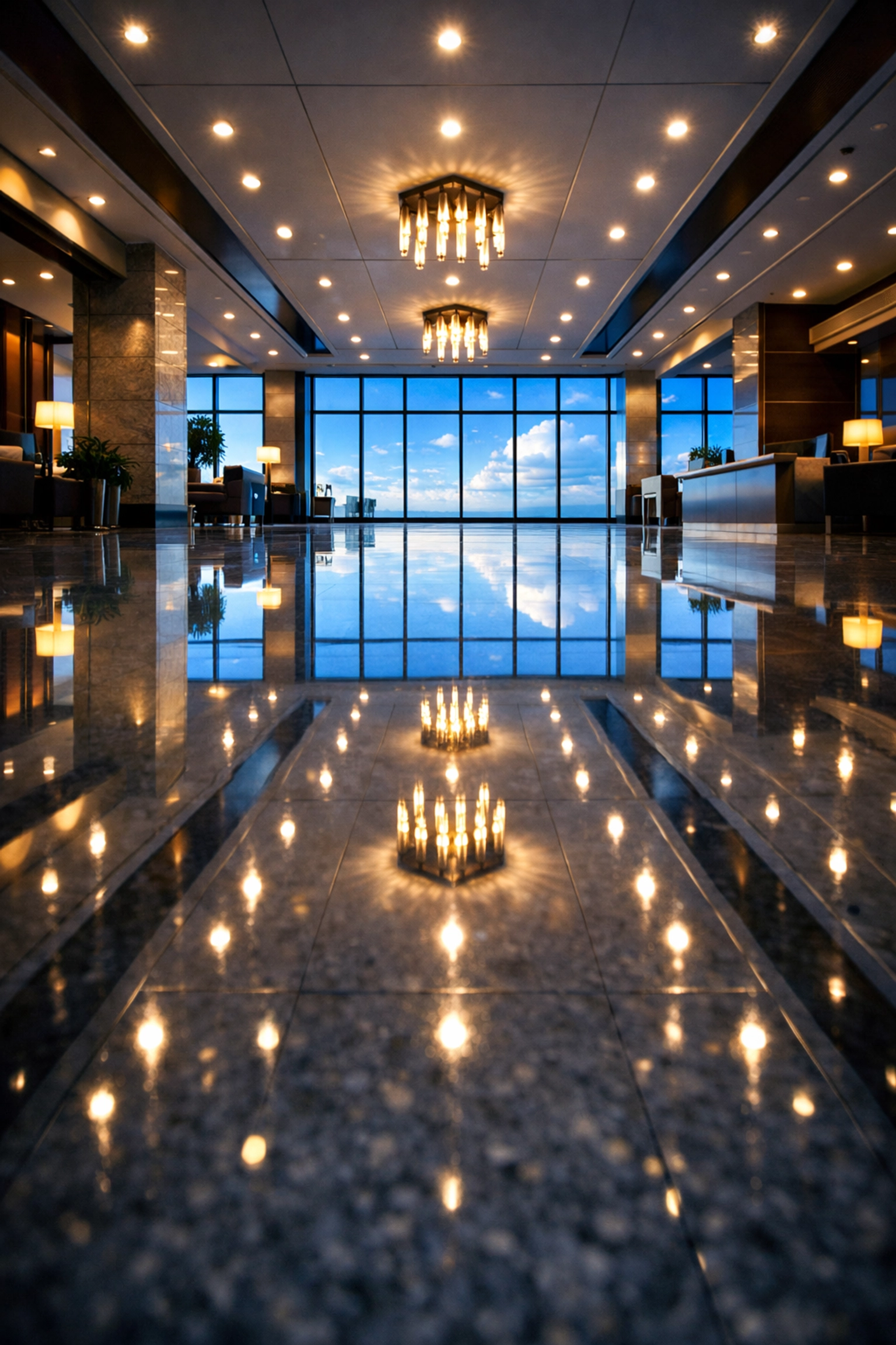 Professional floor care and polishing for a mirror-like finish in a Sharon, MA commercial lobby.