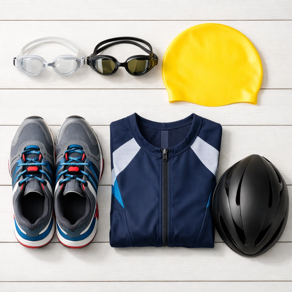 Essential triathlon gear for beginners including swim goggles, cap, running shoes, tri-suit and helmet