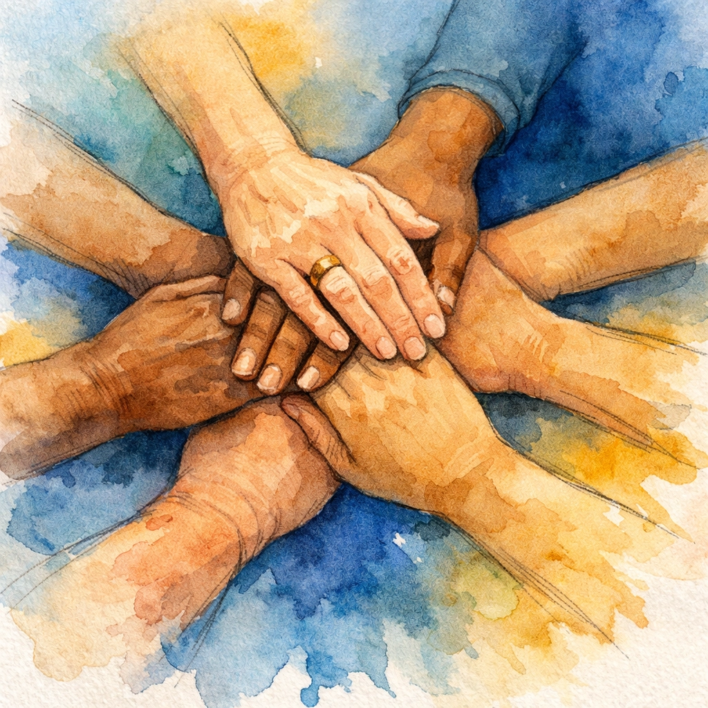 Diverse hands joining together in unity representing church volunteer team ministry and welcome
