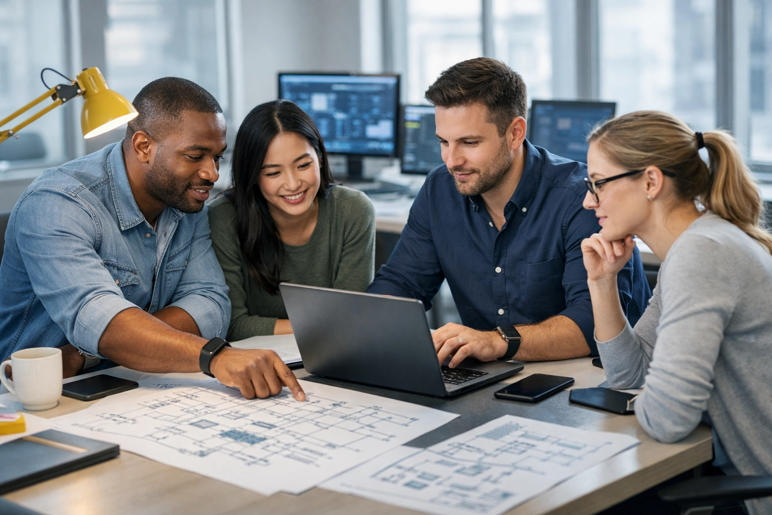 IT professionals collaborating on specialized technology project in modern office