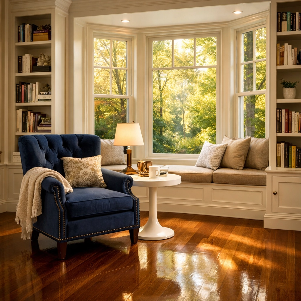 A clean, cozy reading nook in a luxury Stow residence, reflecting the benefits of hiring professional cleaners.