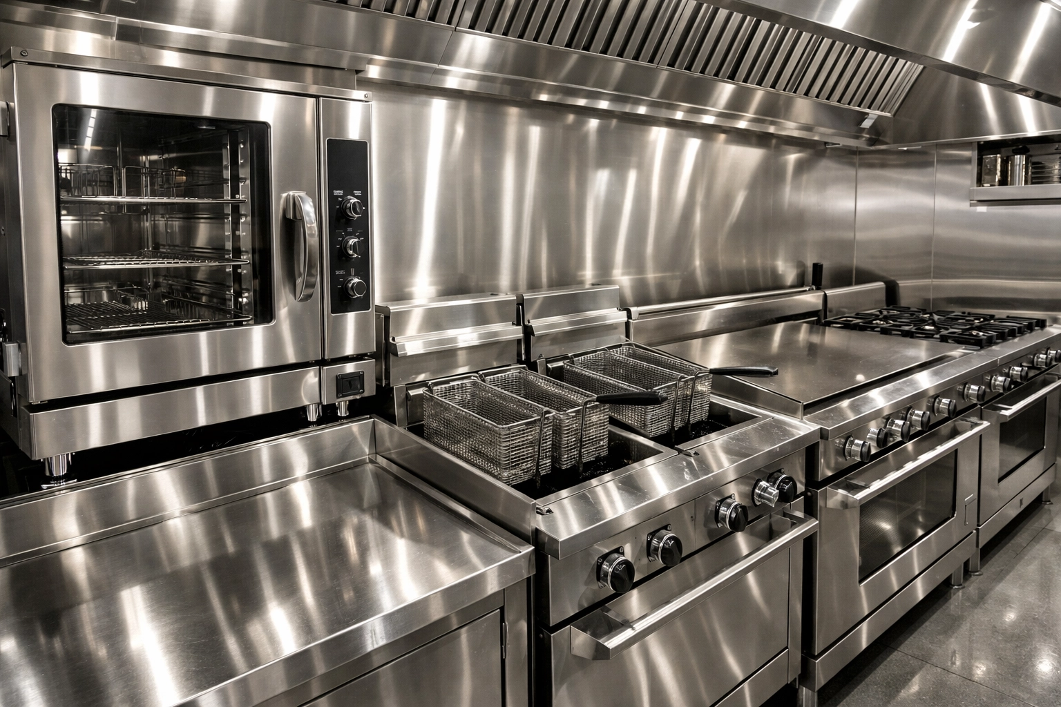 Highly polished and sanitized restaurant kitchen equipment following commercial kitchen deep cleaning in Worcester.