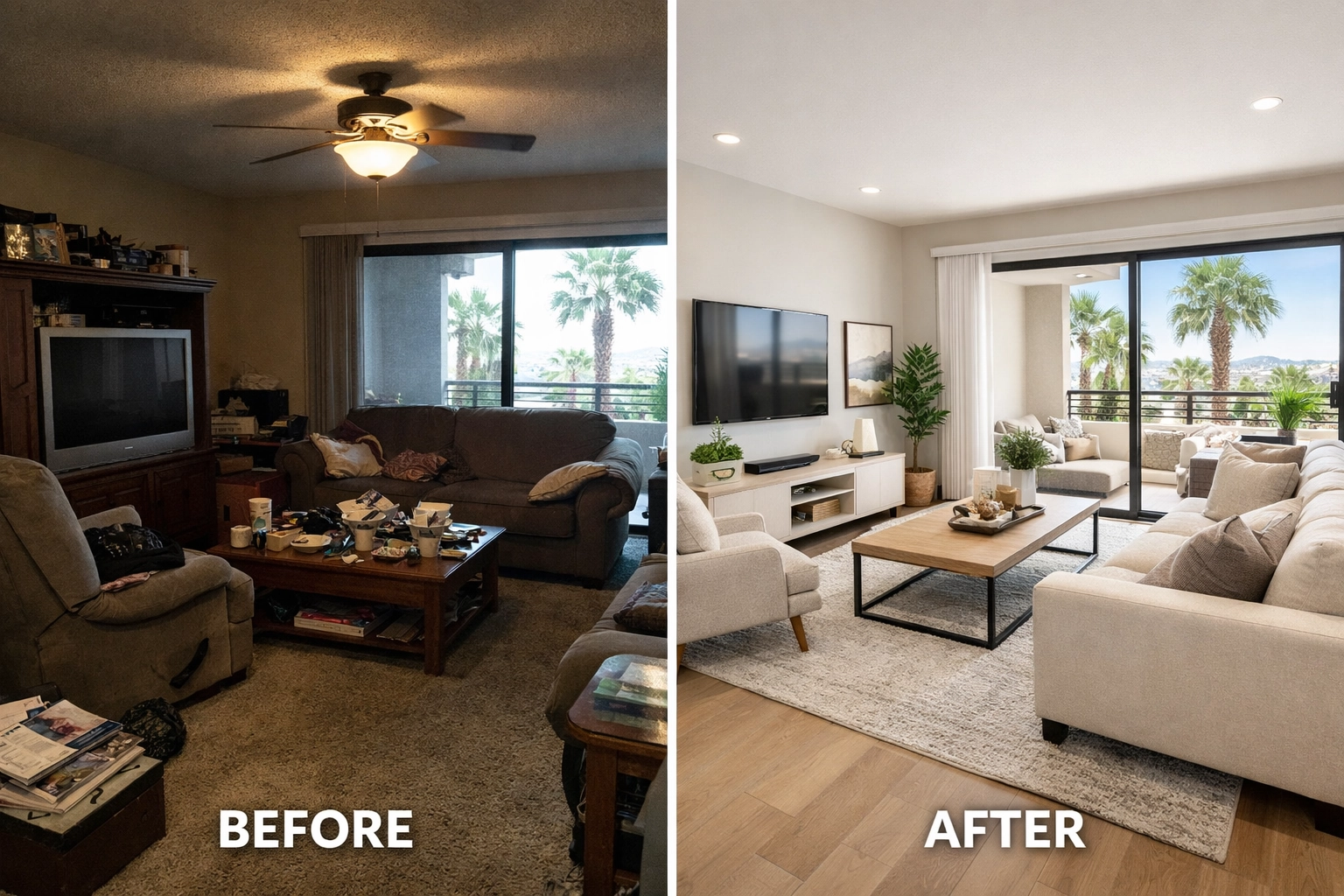 Before and after home staging comparison showing professional transformation for Las Vegas home
