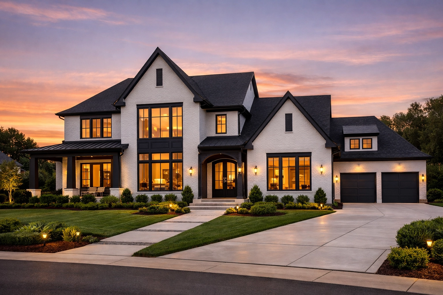Modern luxury new construction home in Waxhaw North Carolina with white brick at golden hour.