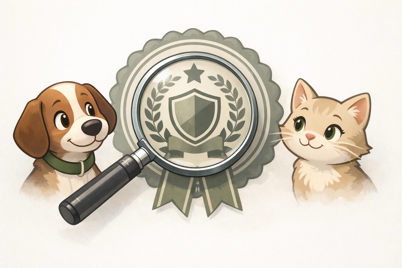 Certification badge under magnifying glass showing human grade raw dog food standards