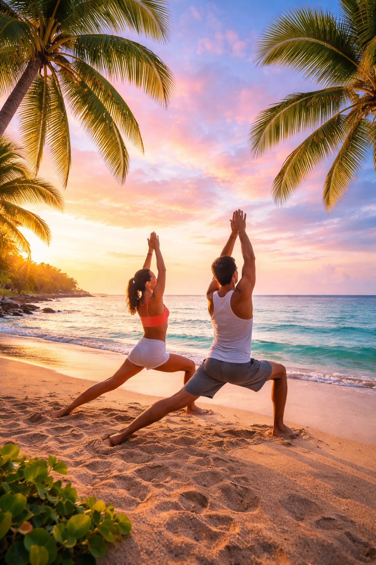 Couple practicing yoga on the beach at sunrise in Puerto Vallarta, highlighting romantic wellness retreats.