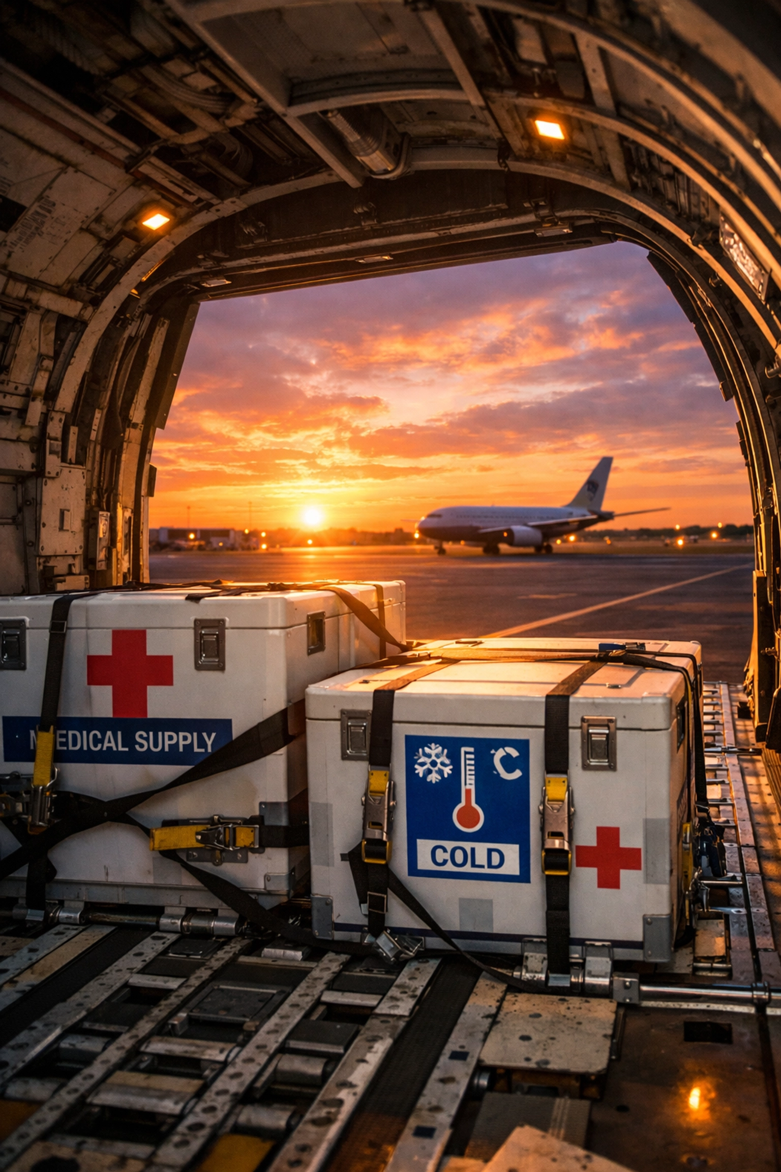 Medical cargo containers secured in aircraft for international healthcare delivery