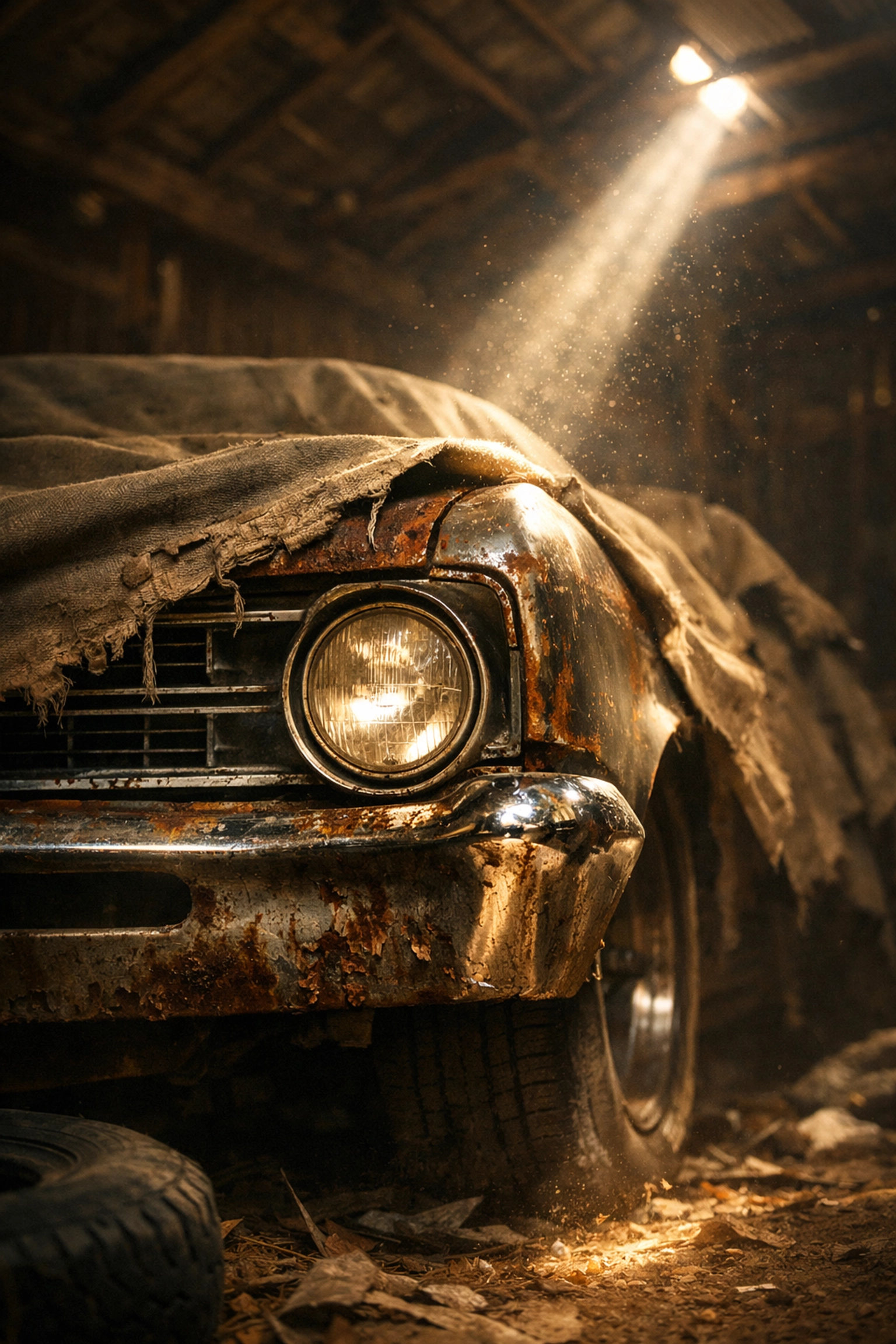 A rusty 1960s muscle car in a barn, perfect for a classic car restoration project in Huntington.
