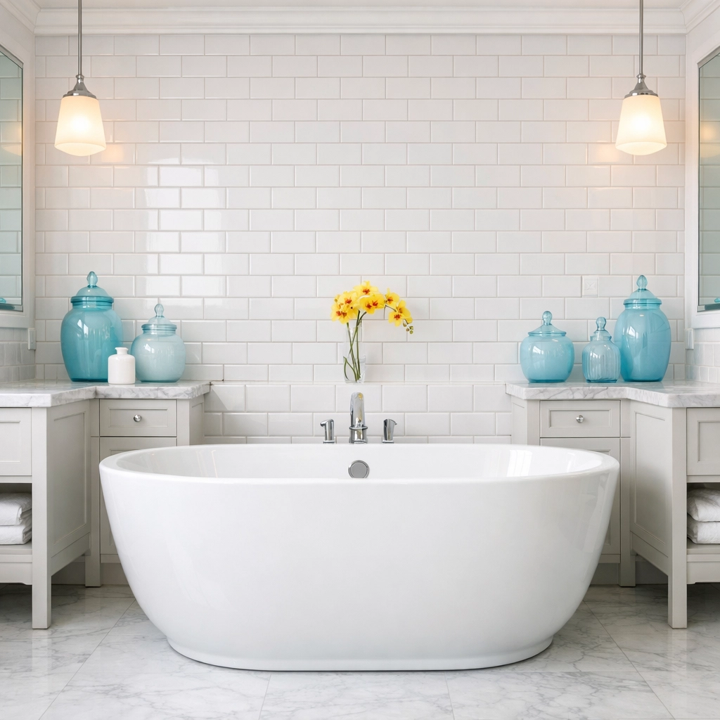 Deep-cleaned master bathroom in Bolton, MA featuring spotless white subway tiles and a soaking tub.