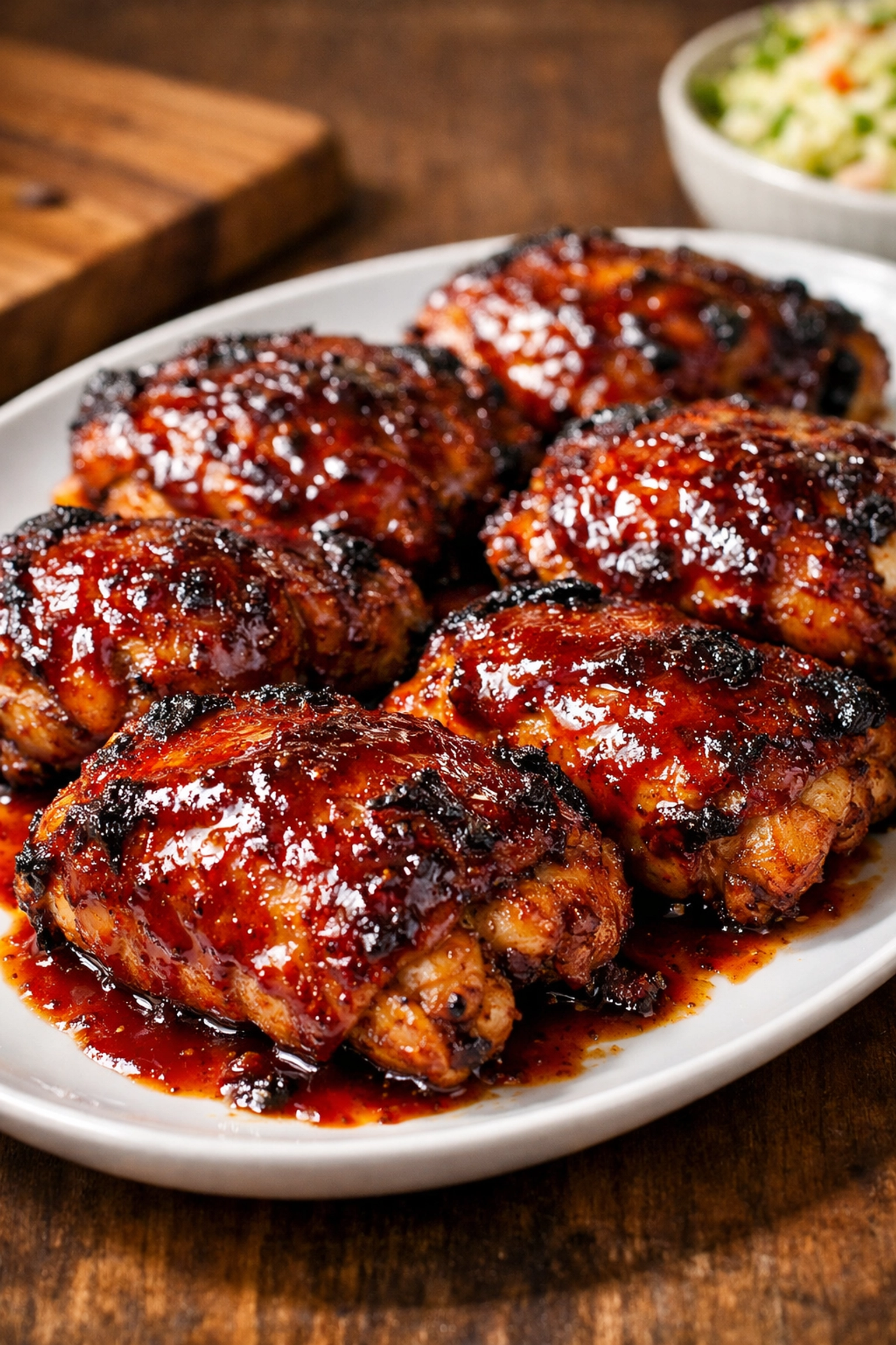 Sticky 5-ingredient BBQ chicken thighs served on a platter for a quick and easy weeknight dinner.