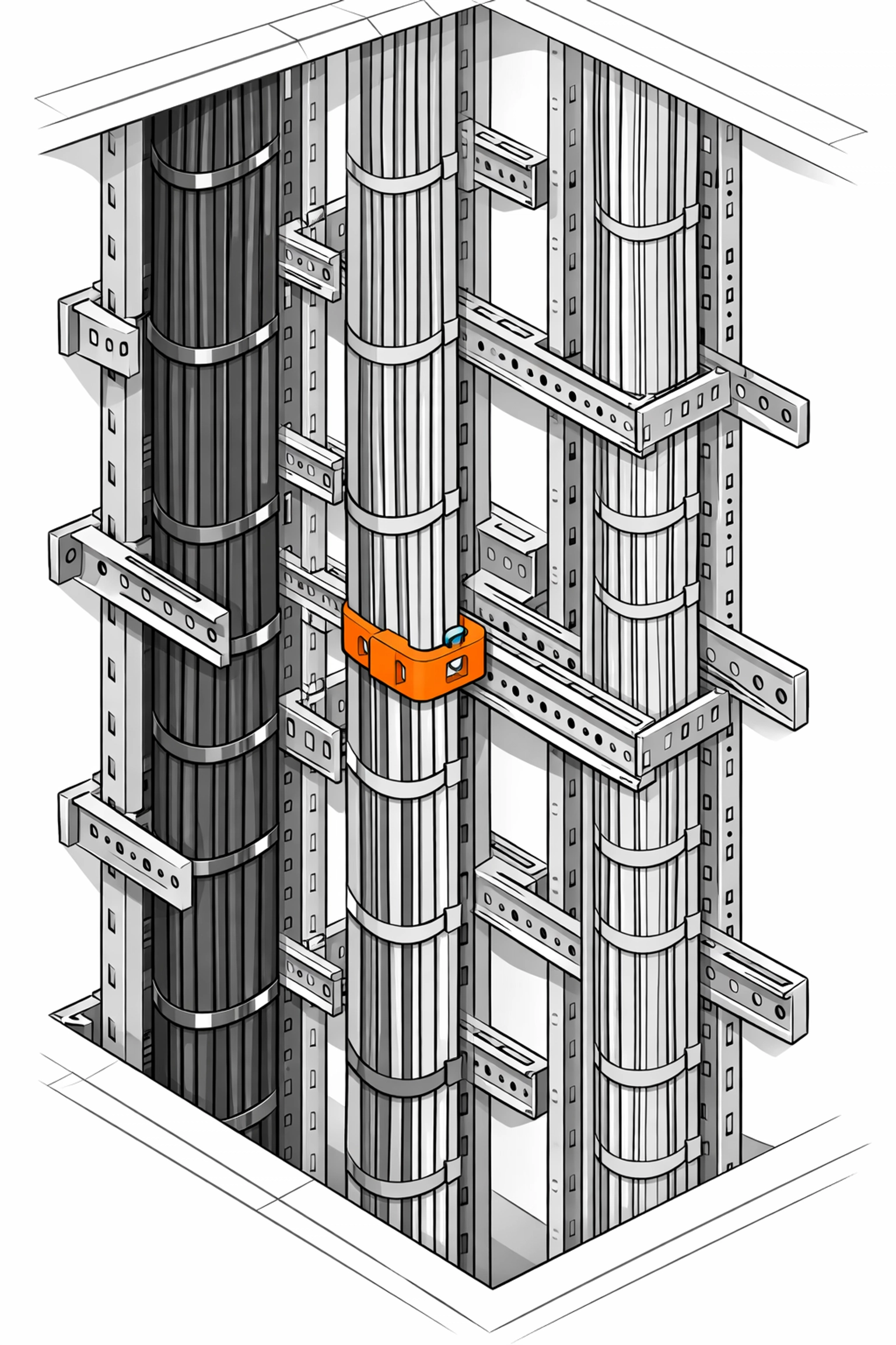 Professionelle Steigleitungen und Kabeltrassen in einem Gebäudeschacht für Wiener Wohnbauten.