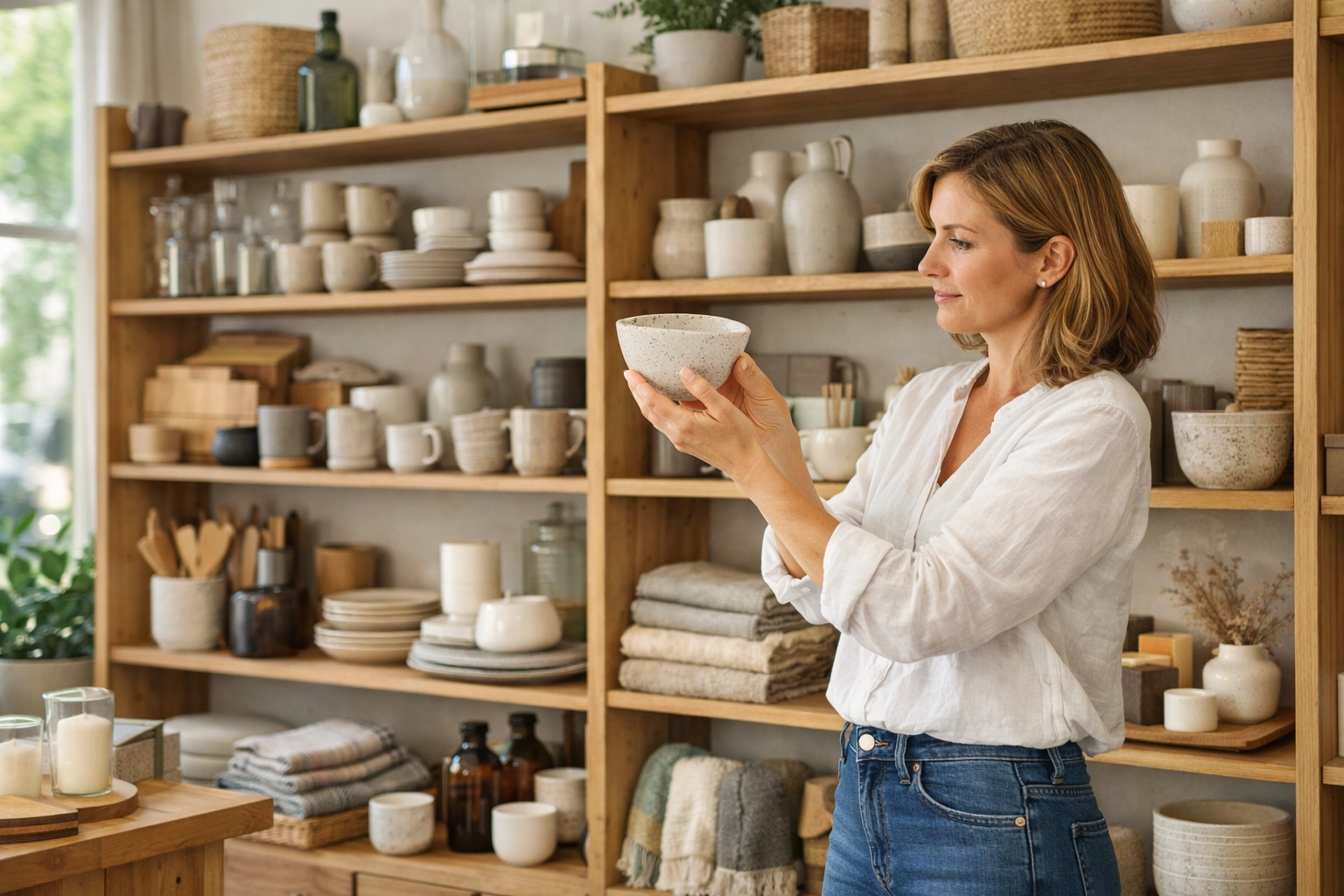 Australian retailer examining wholesale homewares display in modern retail store