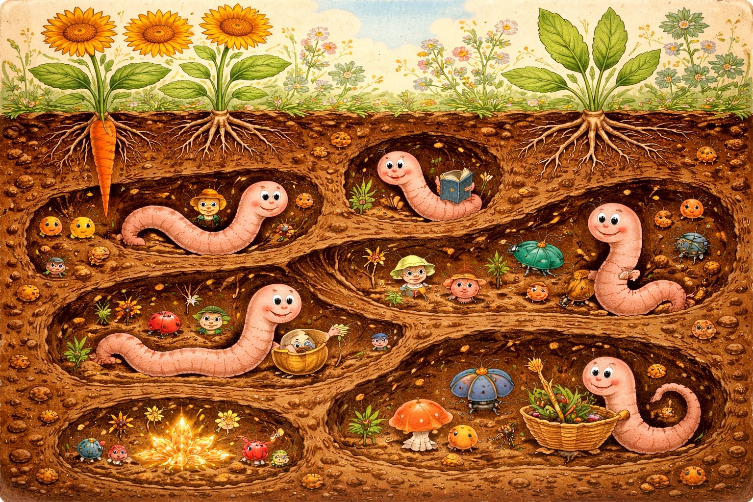 Illustration of soil bustling with earthworms, microbes, beetles, and plants showing healthy soil life underground