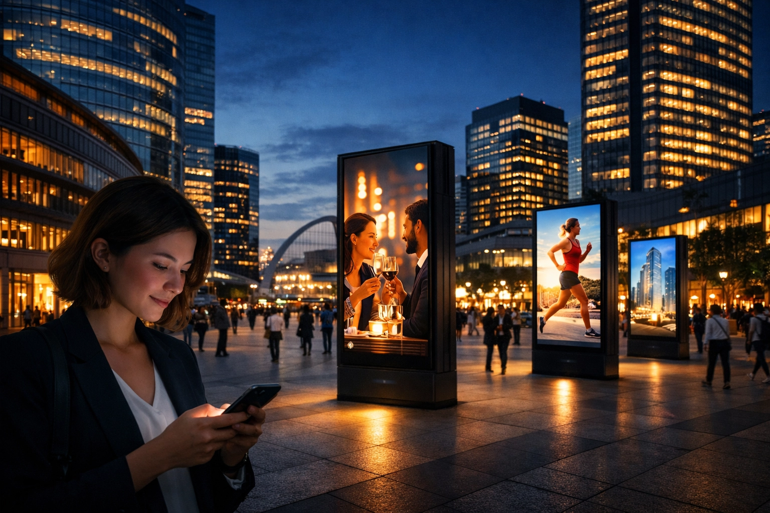 Digital advertising pillars in a city plaza demonstrating location-based DOOH targeting for urban consumers.
