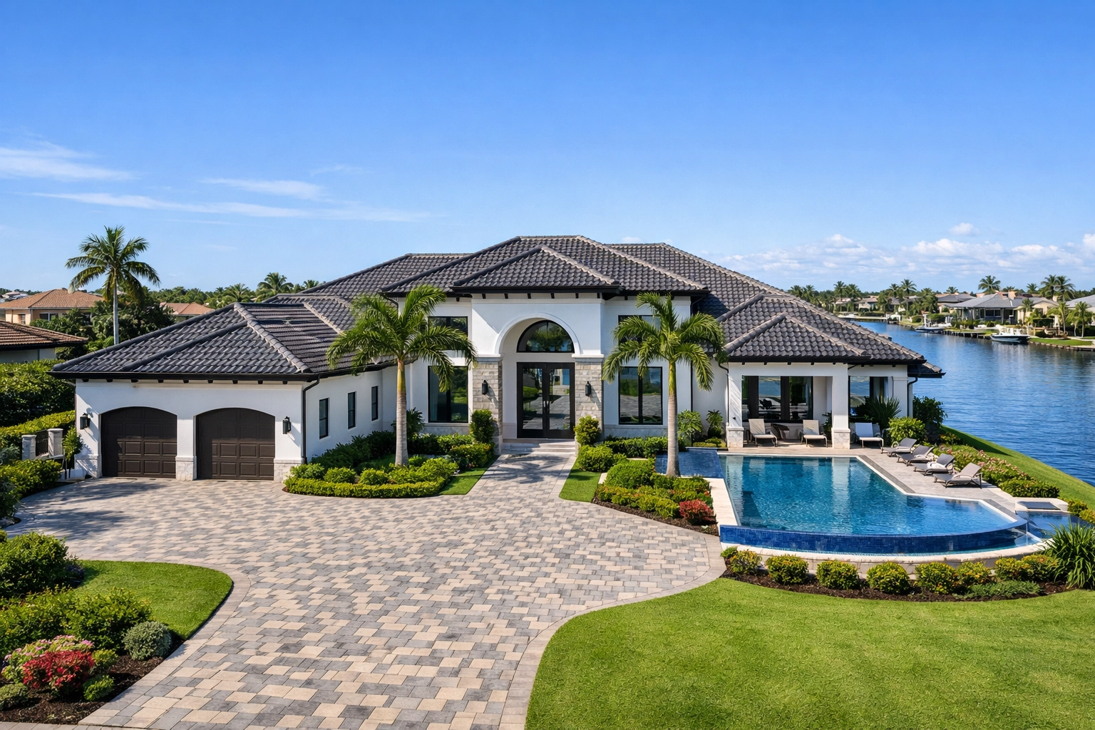 Luxury gated community home in Southwest Cape Coral featuring a modern pool and canal access.