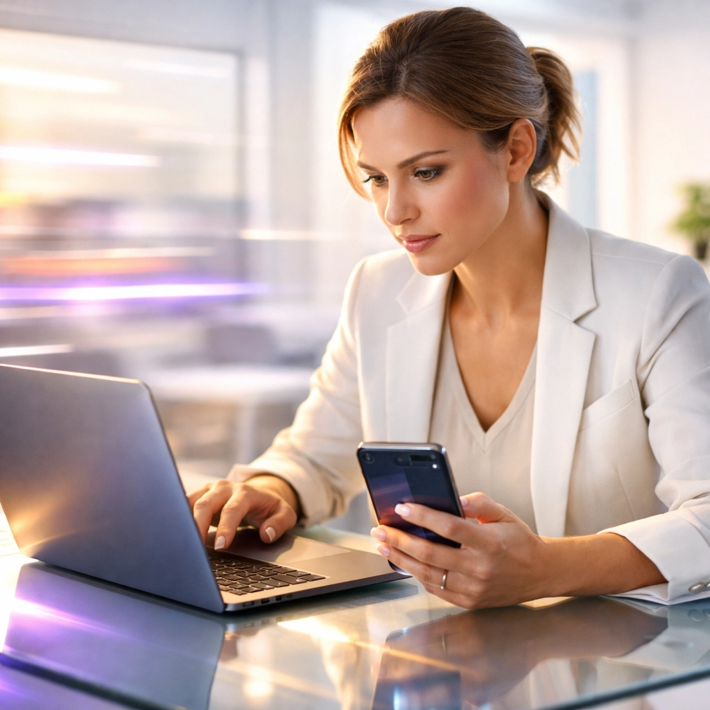 Professional woman using a fast-loading website on a laptop and smartphone in a bright office.