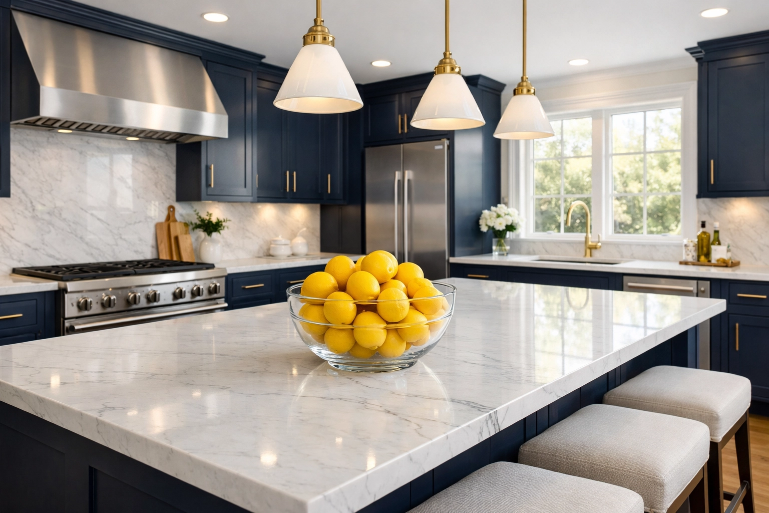 High-end Westborough kitchen with marble countertops, professionally cleaned through house cleaning Westborough.