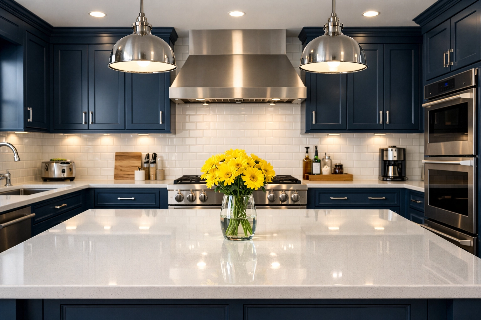 Sparkling clean Framingham kitchen with navy cabinets after expert professional deep cleaning services.