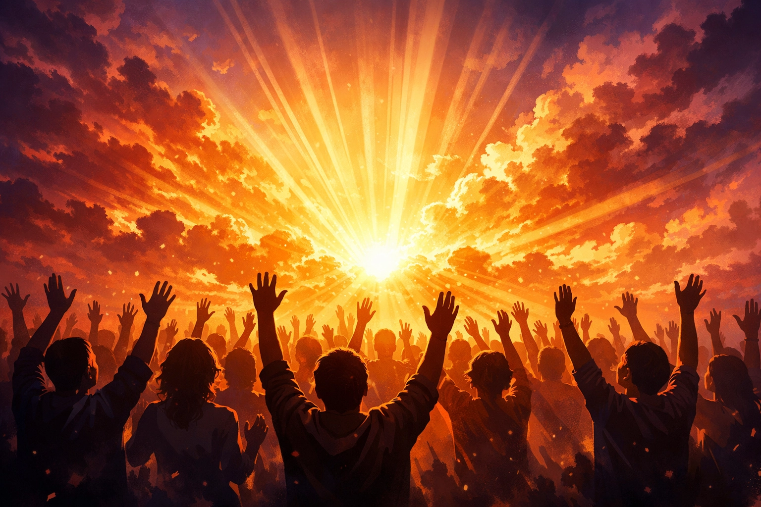 Diverse worshipers with raised hands at sunrise depicting Christian revival and spiritual awakening