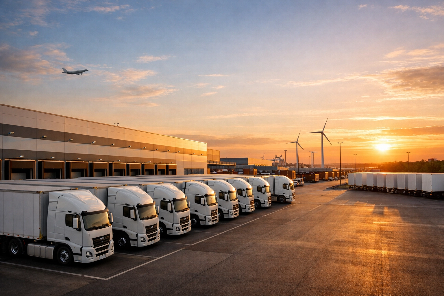 A modern logistics hub with a fleet of trucks showcasing an environmentally conscious global reach.