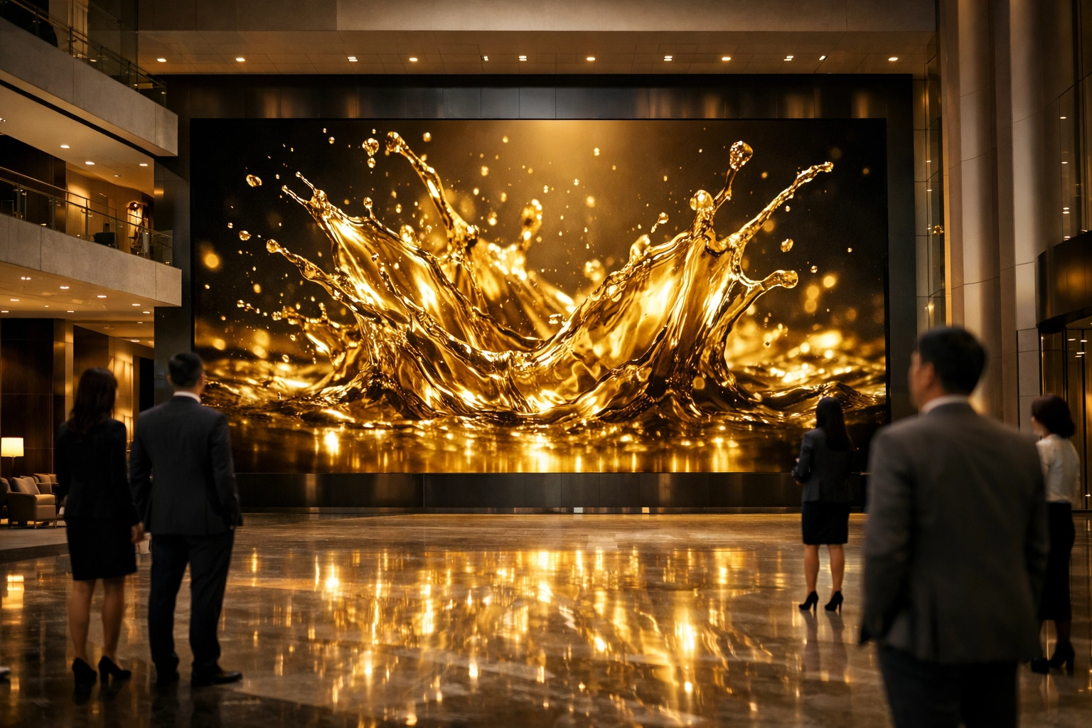 Modern lobby featuring 3D digital signage for impactful venue engagement and atmospheric advertising.