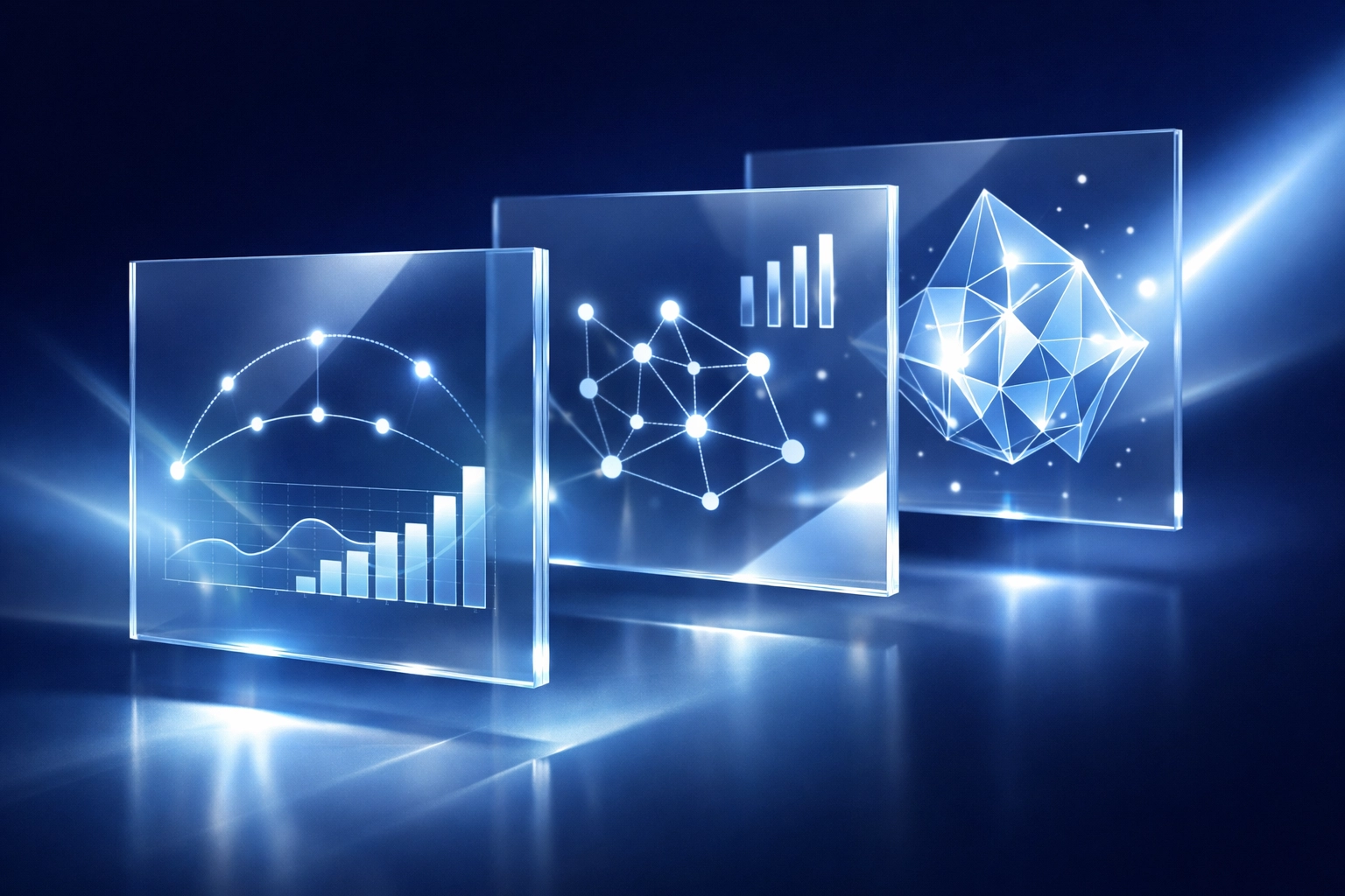 Layered data visualization panels showing executive clarity and strategic insights from custom software solutions.