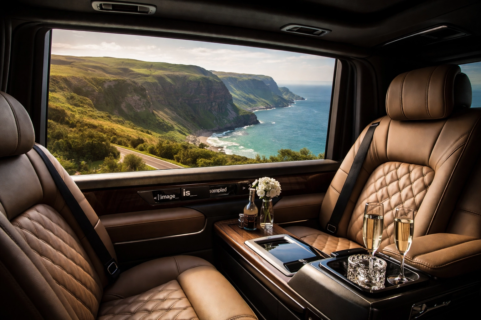 View from inside a luxury chauffeur vehicle along the Causeway Coastal Route, highlighting comfort and exclusive private taxi travel.