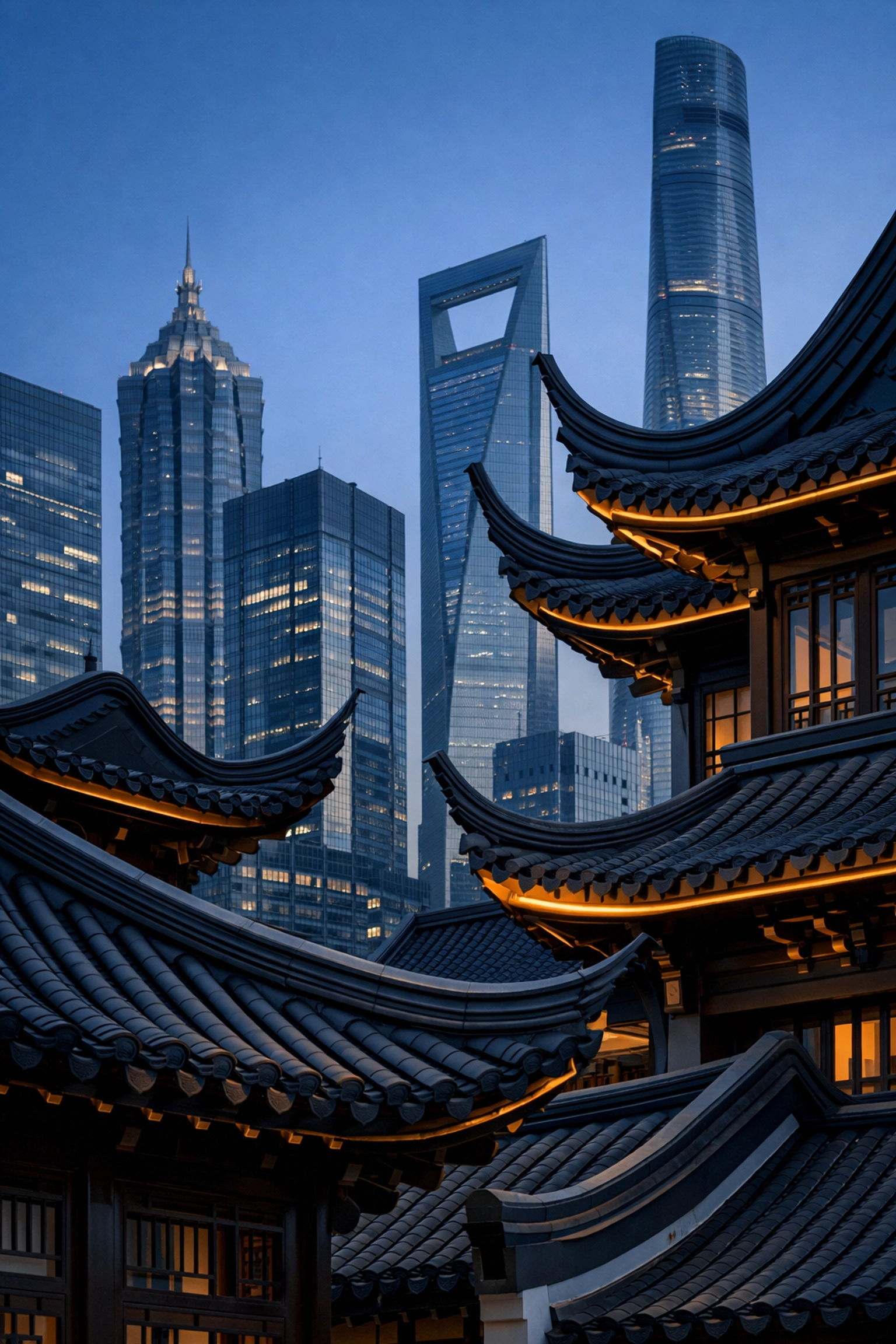 Modern Shanghai skyline with traditional architecture showing old and new China business systems