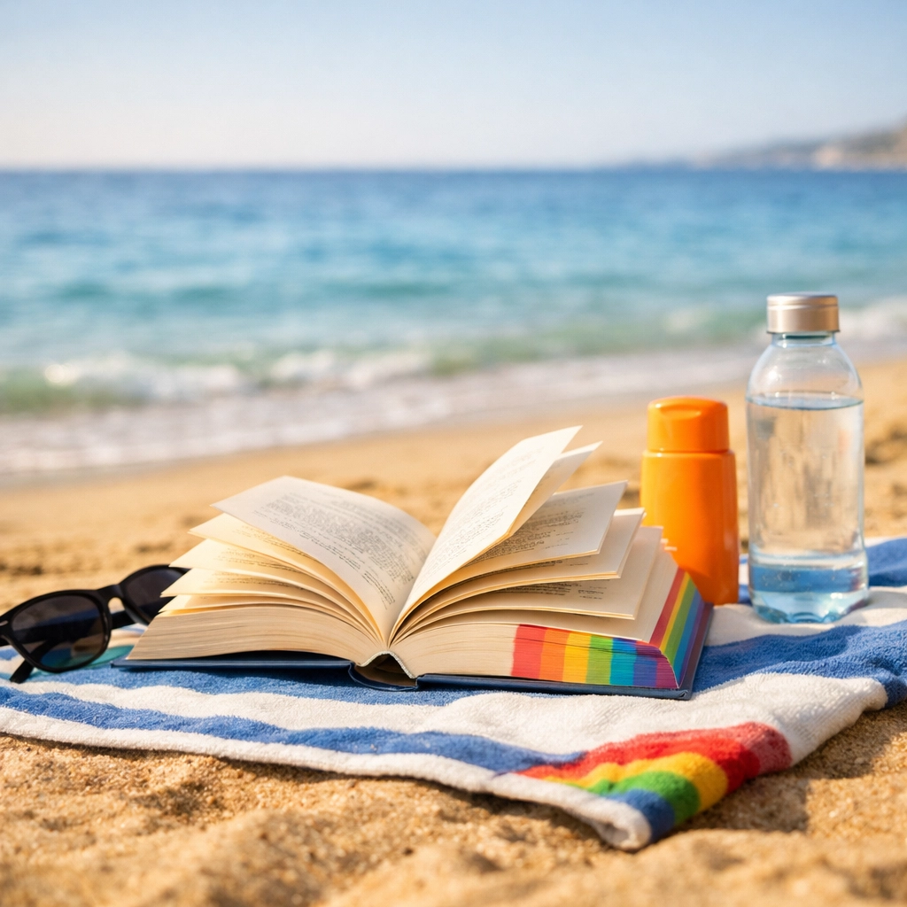 MM romance book with beach essentials on Mediterranean sand at Platja d'en Bossa Ibiza