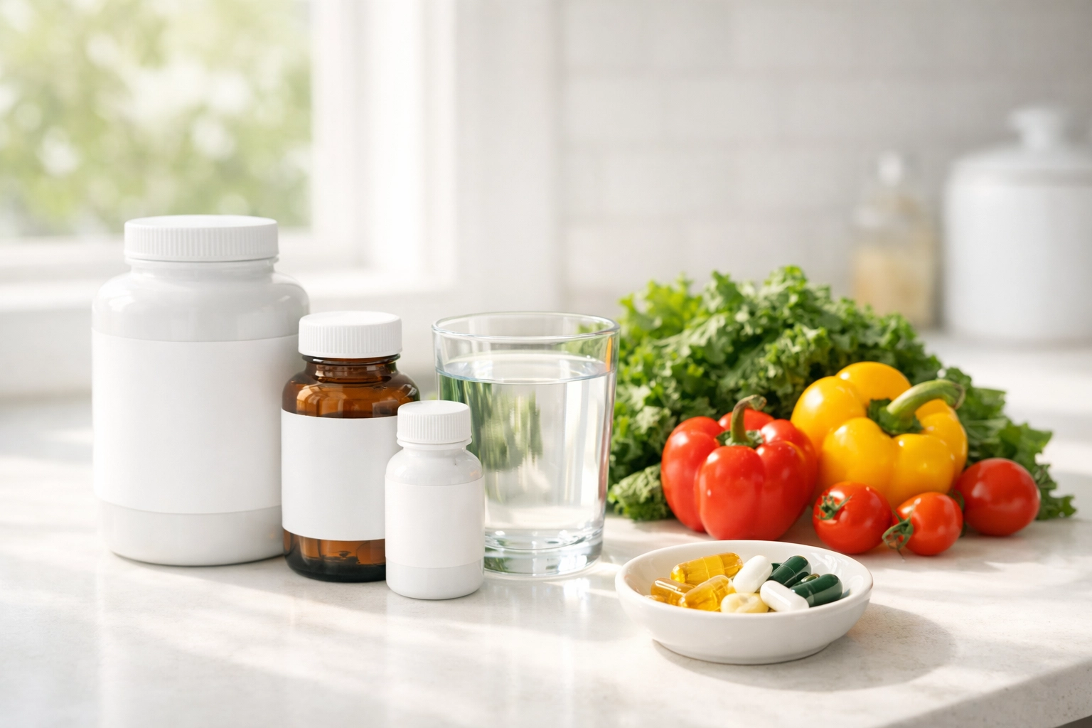 High-quality bitter melon supplement bottles with fresh vegetables and capsules
