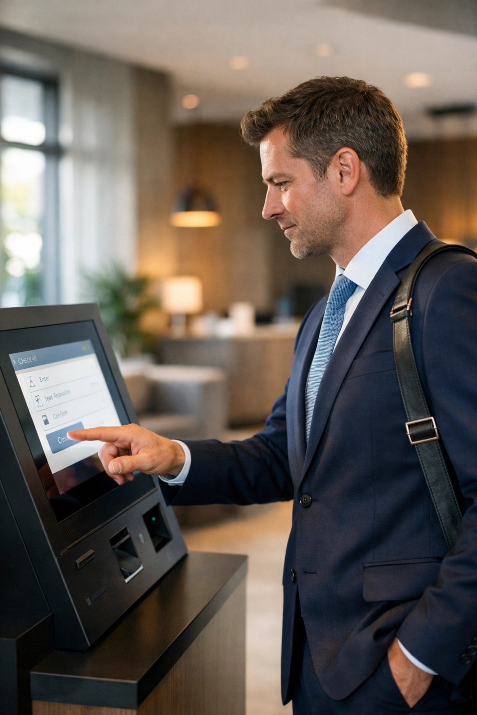 Business traveler using hotel self-check-in kiosk touchscreen for fast contactless check-in