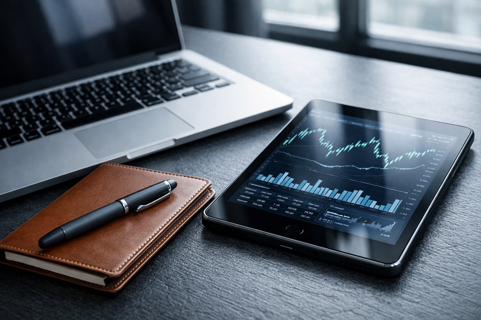 Modern office desk with a laptop and digital tablet representing clean financial records for a business valuation.