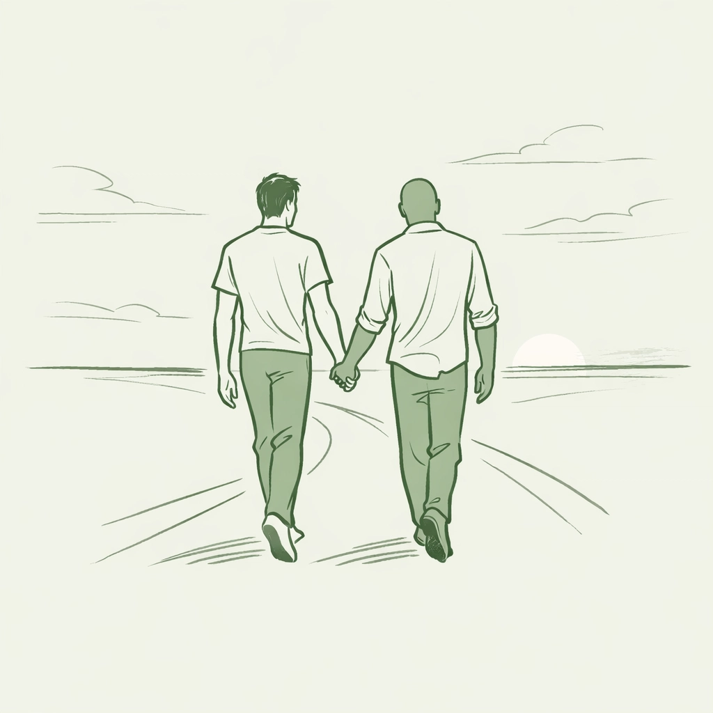 Hand-drawn art of two men walking toward the horizon, symbolizing freedom beyond the binary.