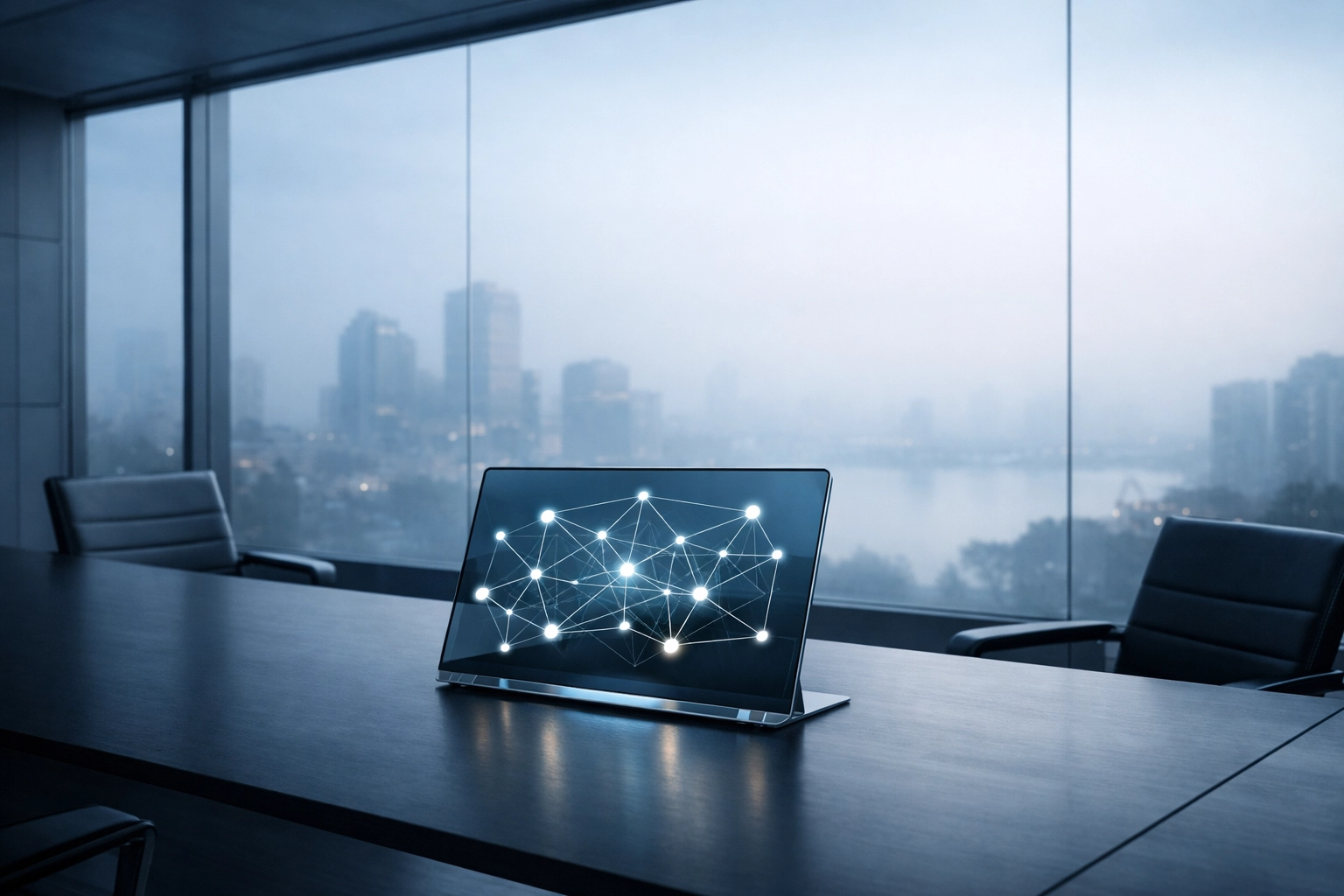 Modern office strategy room with a digital tablet showing integrated RevOps data for revenue forecasting.