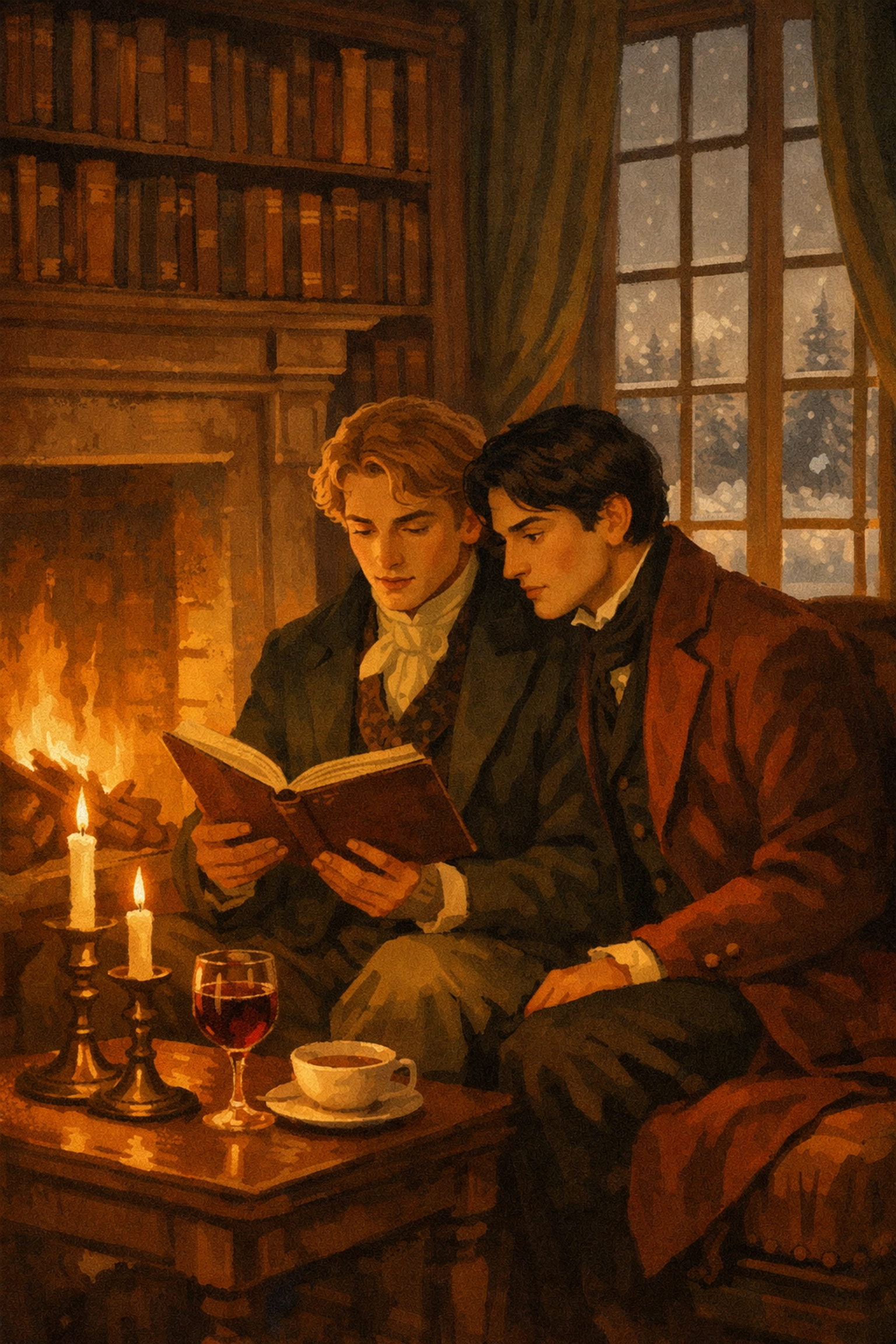 Step-brothers reading by fireplace in Russian estate library - intimate historical MM romance moment