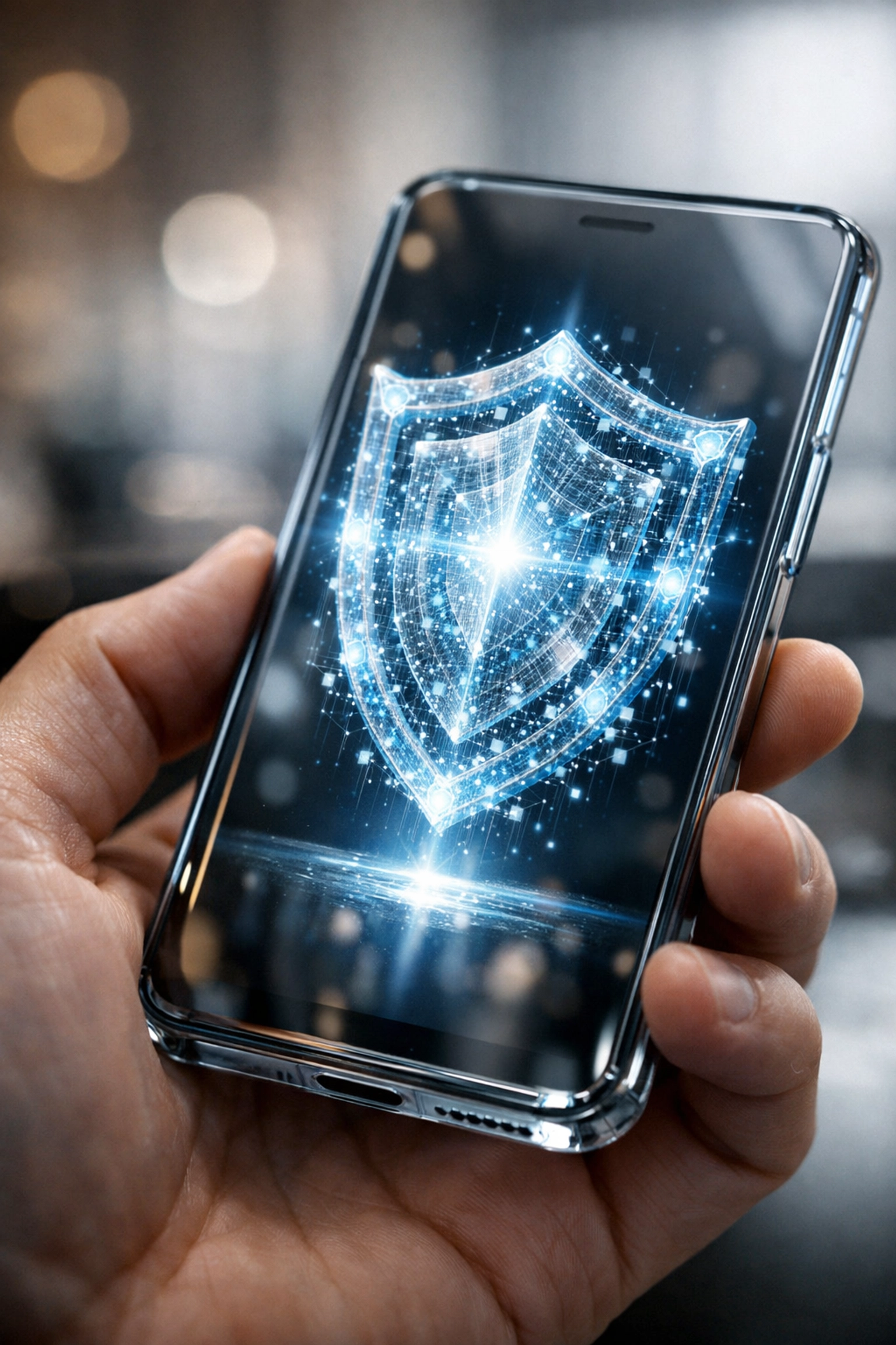 Encrypted digital shield on a smartphone symbolizing secure self-custody and fraud protection.